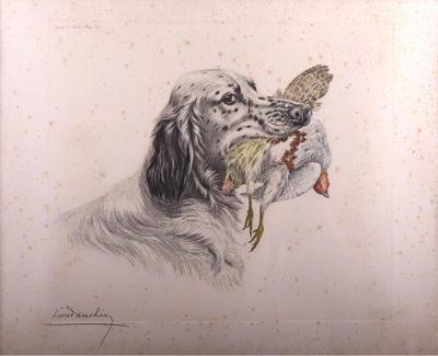 tableau représentant un chien tenant un oiseau dans la gueule