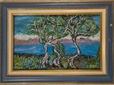 a painting of a couple of trees by the water