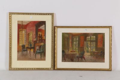 deux tableaux encadrés représentant un salon avec des chaises et une table
