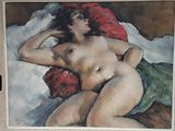 a painting of a nude woman laying on a bed