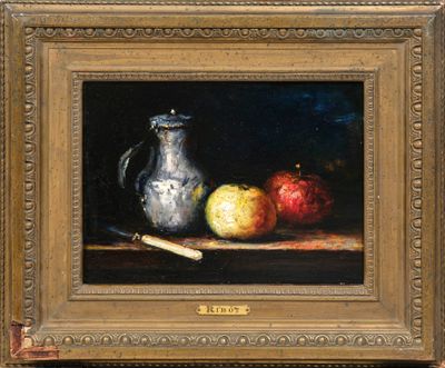 une peinture à l'huile représentant des pommes et un pichet en argent posés sur une table