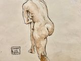 drawing of a nude woman standing in front of a sign