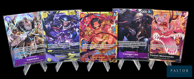 six cartes de jeu sont alignées en rangée sur un fond noir