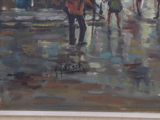 a painting of people walking in the rain with umbrellas
