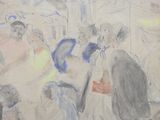 painting of a group of people in a crowded area with umbrellas
