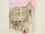 an image of a drawing of a man and a woman in front of a building