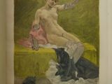 an old book with a painting of a nude woman sitting on a bench