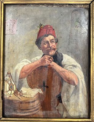 un vieux tableau représentant un homme avec un violon appuyé contre une table