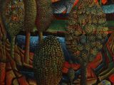an oil painting of a woman standing in front of a painting of a fish