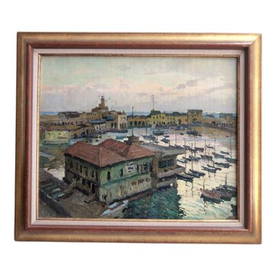 une photo d'un tableau représentant un port avec des bateaux