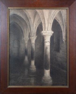 an image of a painting of a building with columns in it