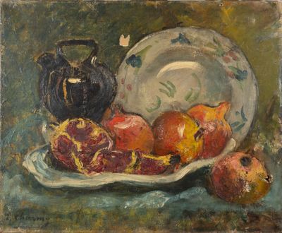 un tableau représentant un bol de grenades et une assiette de pommes posés sur une table