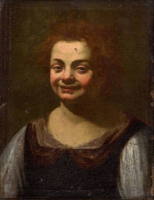 tableau représentant une femme souriante vêtue d'une robe noire et blanche