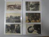 several old black and white photos of people and buildings on a wall