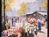 tableau représentant un marché aux fleurs à Paris, avec des gens et des fleurs