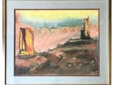 dessin représentant un tableau représentant une scène désertique avec une tour au loin