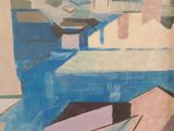 a painting of a view of a city from the top of a building