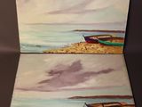 painting of two boats on a beach near the ocean