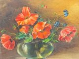 a painting of a vase filled with red and blue flowers