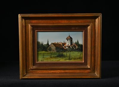 une peinture à l'huile représentant une scène de campagne avec une église en arrière-plan
