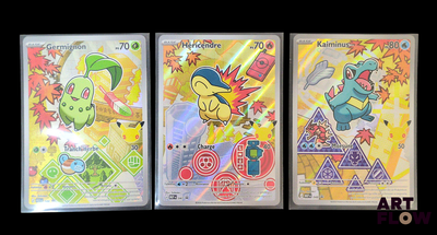 pokemon trading cards are displayed on a black background