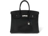 a black leather handbag on a white background
