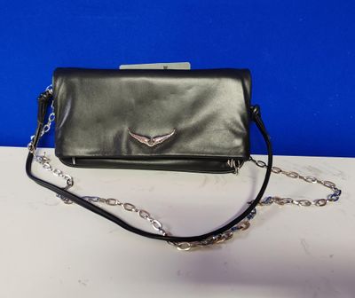 black leather clutch bag with chain strap and winged emblem