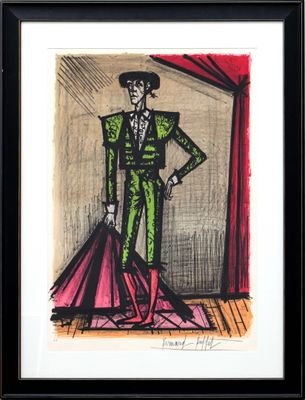 tableau représentant un homme vêtu d'un costume vert et d'une robe rose