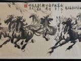 chinese ink painting of three horses galloping in the wind
