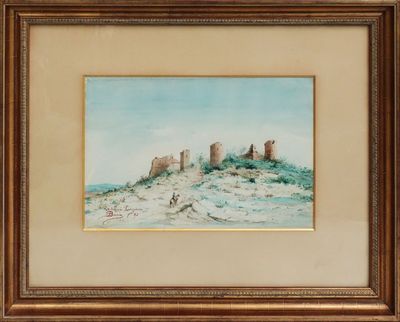 a painting of a castle on top of a hill next to a body of water