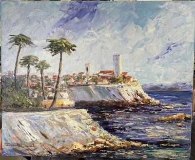 une peinture à l'huile représentant un phare sur une côte rocheuse bordée de palmiers