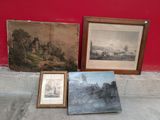 two framed pictures and a picture of a castle on a red wall