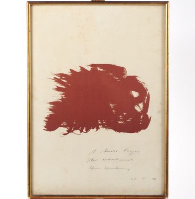 un dessin à l'encre rouge représentant un cheval, dans un cadre doré