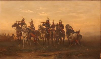 peinture d'un groupe d'hommes à cheval dans un champ