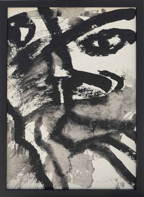 black and white painting of a woman ' s face in a black frame