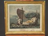 a picture of a painting of a man and a woman on a boat