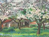 une peinture à l'huile représentant une maison au milieu d'un champ de fleurs