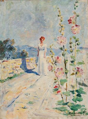 une image d'un tableau représentant une femme en robe blanche
