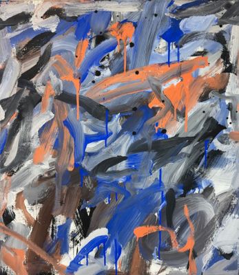an abstract painting of blue, orange and black paint on a white background