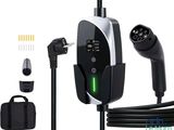 une image représentant un chargeur pour voiture électrique muni de deux prises et d'un câble de recharge