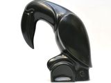 a black sculpture of a bird on a white background