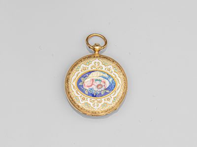 a gold and enamel locke with a picture of a woman on it