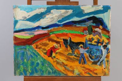 un tableau posé sur un chevalet représentant un homme en train de labourer un champ
