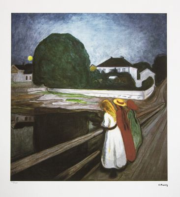 un tableau représentant une femme et un enfant marchant sur un pont