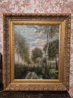 une peinture à l'huile représentant un paysage avec des arbres et un ruisseau
