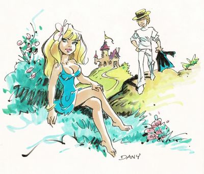 dessin représentant une femme en maillot de bain bleu, assise sur un rocher