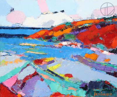une peinture à l'huile représentant une scène de plage avec un bateau dans l'eau