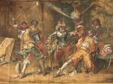 a painting of a group of people playing a game of swords