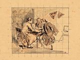 un dessin représentant un homme et une femme assis à une table