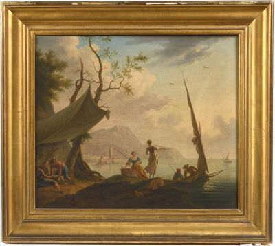 une peinture à l'huile représentant un groupe de personnes sur une plage, au bord de l'eau